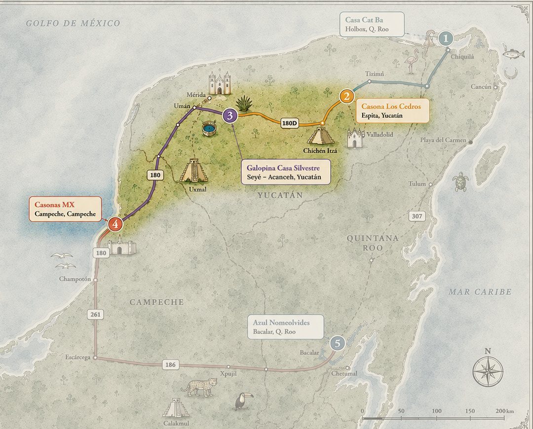 Carte illustrée de la péninsule du Yucatán. Les trois maisons de ce guide et la route qui les relie sont mises en valeur : Casona Los Cedros à Espita, Galopina Casa Silvestre à Seyé et Casonas MX à Campeche ; les autres maisons de la route sont estompées.