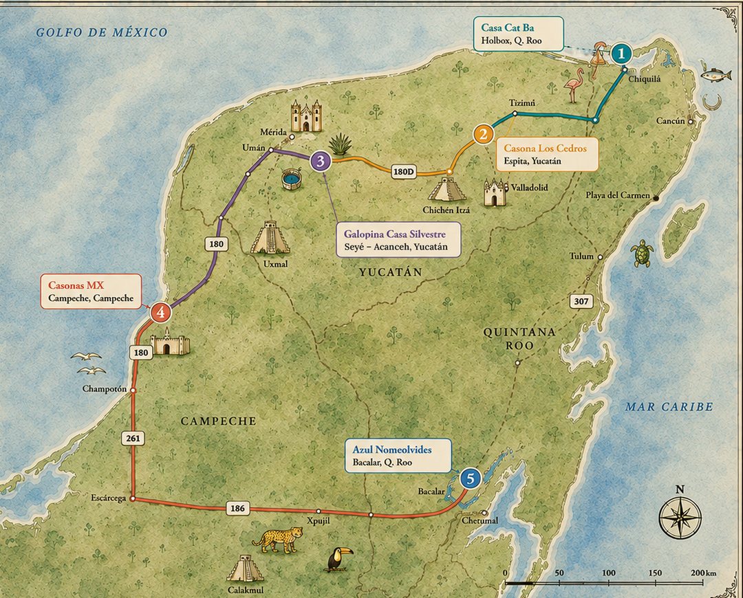 Carte illustrée de la péninsule du Yucatán avec les cinq maisons numérotées : 1 Casa Cat Ba à Holbox, 2 Casona Los Cedros à Espita, 3 Galopina Casa Silvestre à Seyé, 4 Casonas MX à Campeche et 5 Azul Nomeolvides à Bacalar. Les mêmes maisons figurent dans la liste à côté de la carte.